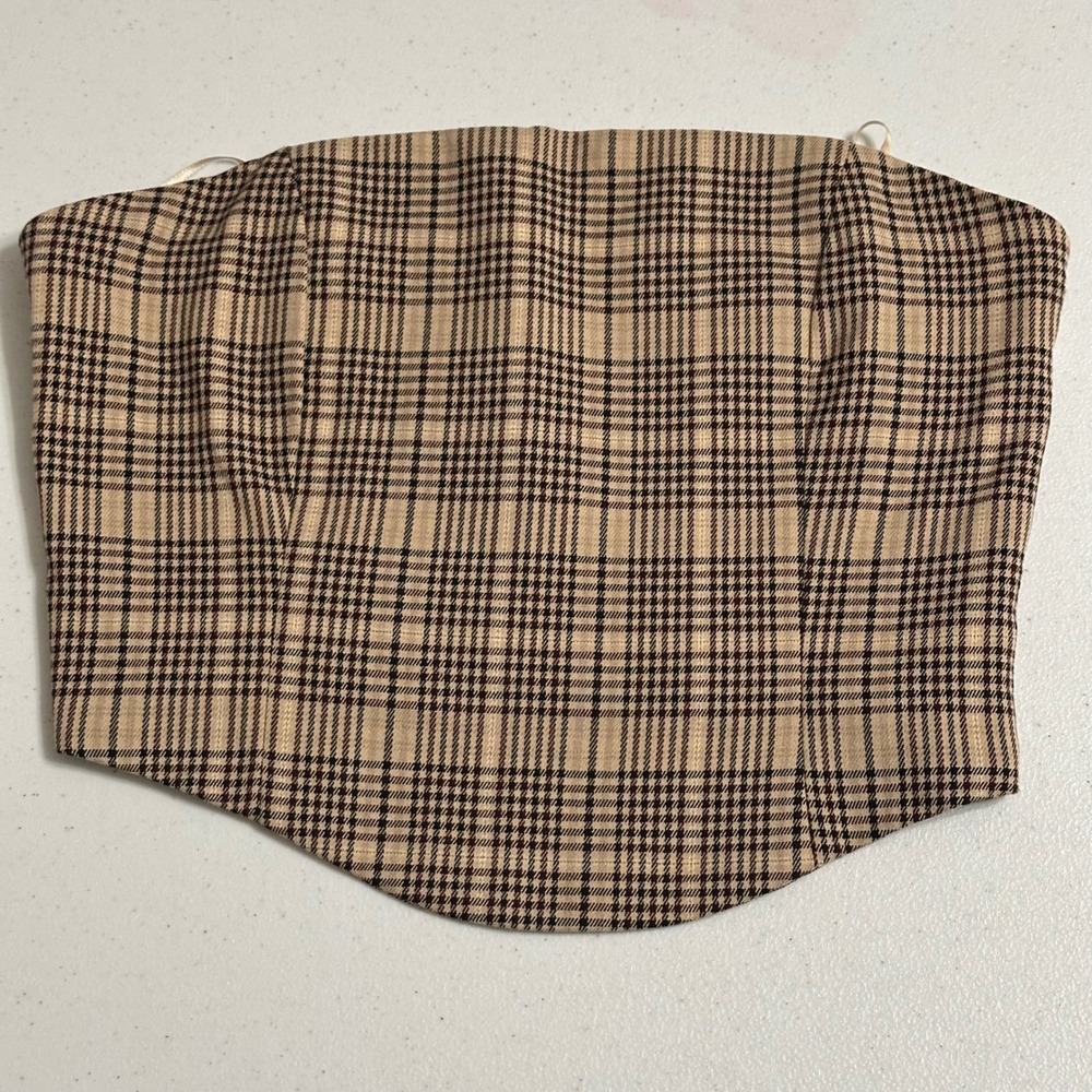 GB Gianni Bini NWT Brown Plaid Corset Top Smocked Back Bustier Tube Top Y2K M